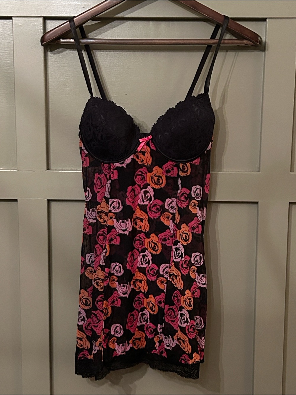 Vintage Chemise Lingerie Babydoll Black Pink Orange Floral Lace Size Small - Picture 5 of 5